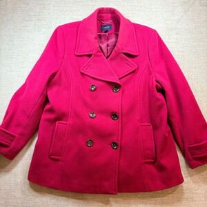 Lands End Double Breasted Peacoat Magenta Pink 100% Wool Womens 20W Plus Size